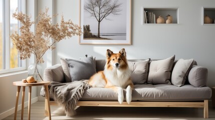 Elegant Scandinavian Living Room Interior with Charming Dog on Sofa