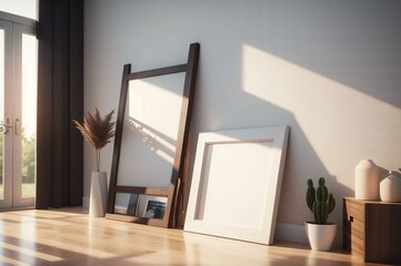 Warm sunlight illuminating a cozy room corner with empty picture frames, cactus, and dried plants by a large window