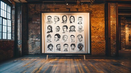 Trendy Mockup Bohemian Art Gallery Poster Frame Showcasing Diverse HandDrawn Portraits Generative ai