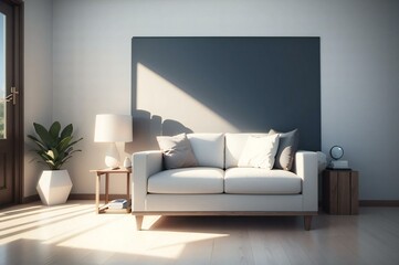 Elegant and modern living room featuring a white sofa, floor lamp, and houseplant bathed in natural sunlight from a large window
