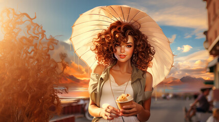 Cheerful Woman Enjoying Ice Cream on a Sunny Beachfront Promenade