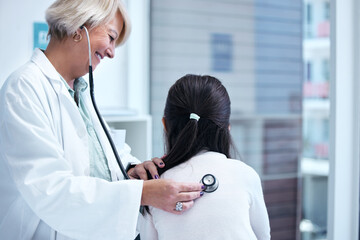 Healthcare, pediatrician or stethoscope with woman and child at hospital for appointment or...