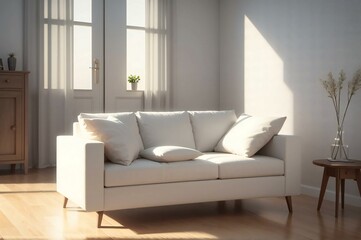 Peaceful living room with a white sofa basked in soft morning sunlight, creating a tranquil and inviting interior space