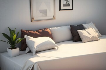 Cozy bedroom scene featuring a neat bed with decorative pillows, framed wall art, and a fresh plant in sunlight