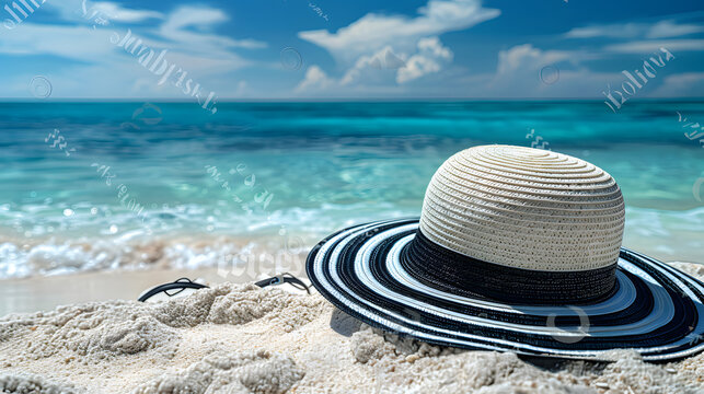 A stylish sunhat rests on the sandy shore, with digital text and symbols overlaid, evoking memories of a beach vacation