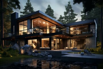 Fototapeta premium Elegant contemporary house with illuminated interiors, surrounded by forest at dusk