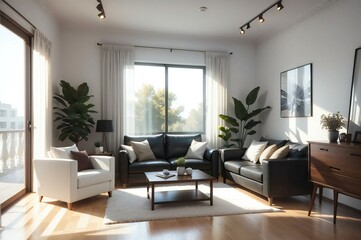 Fototapeta premium Spacious and stylish living room interior with large windows, comfortable furniture, and green plants creating a cozy, sunlit space