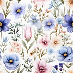 seamless watercolor arrangements with small flower. Botanical illustration colorful style.