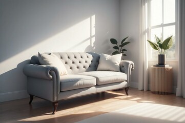 Minimalist living room basked in sunlight, featuring an elegant sofa and indoor plants by the window, depicting tranquil modern home décor