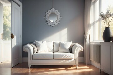 Inviting living space with elegant sofa basking in sunlight from a window, creating a serene home interior