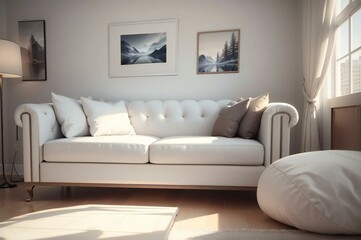 Sunlit living room with a white sofa, stylish decor, and framed artwork on display