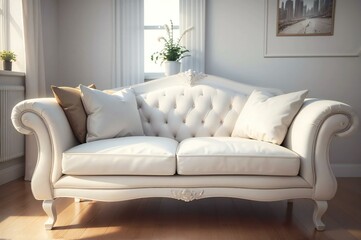 Elegant white sofa with cozy cushions in a contemporary living space bathed in sunlight from expansive windows