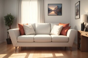 Modern and inviting living room with a white sofa, orange throw pillows, and a stunning mountain landscape artwork on the wall