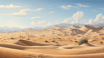 Fototapeta na wymiar Vast desert dunescape watercolor illustration - Generative AI. Desert, sand, mountain, cloud.