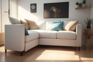 Sunlit living room with a luxurious white sofa, adorned with cushions, wall decor, and potted plants