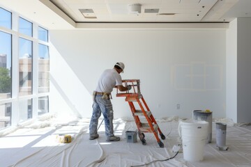 Professional painter paints a wall white in a sunny room under construction
