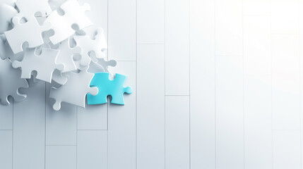 Large white minimalist puzzle pieces with single standout blue piece top view from above with empty copy space, Creative problem solving concept