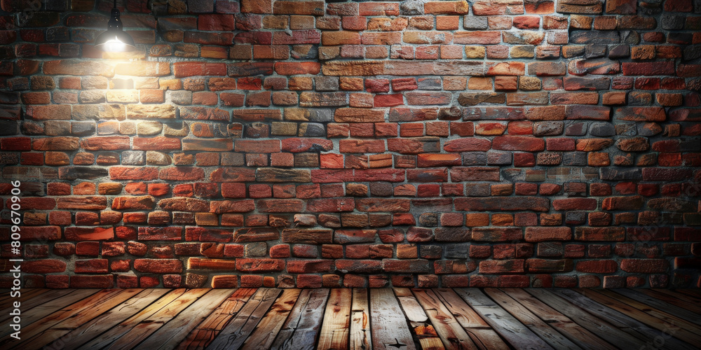 Wall mural empty room with  wooden floor with spotlight on brick wall background, 