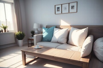 Modern living room with cozy sofa, stylish decor, and a tranquil ambiance illuminated by warm sunlight