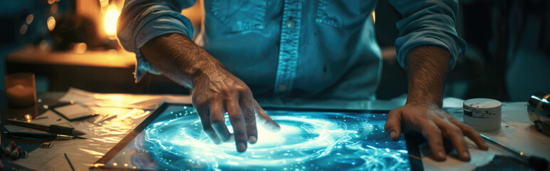 A man holding a tablet with a glowing light emanating from the screen