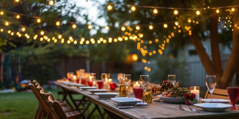 An tastefully arranged outdoor dining table at dusk embellished with lights and candles, awaiting guests