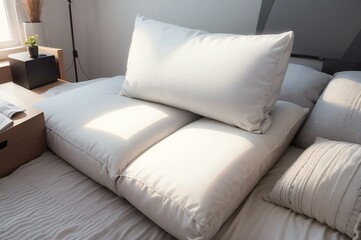 Welcoming bedroom setting featuring soft white pillows on a tidy bed, illuminated by the gentle morning sunlight
