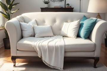 Luxurious white sofa adorned with plush pillows, draped with a cozy blanket, set in a sunlit, contemporary living space