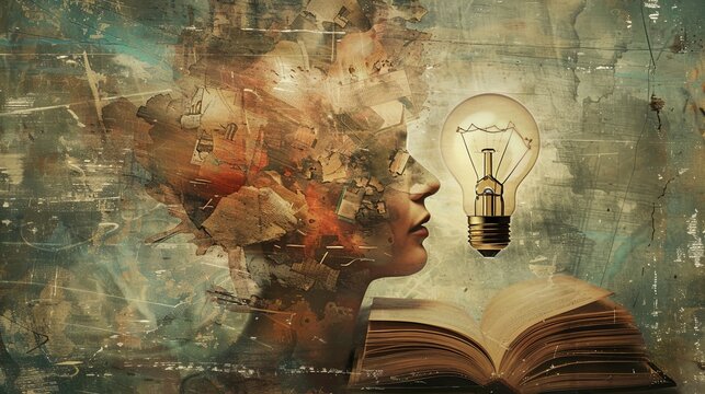 This collage depicts a head with an open book and a light bulb as a metaphor for a new idea.