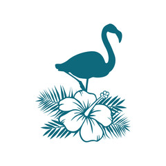 Logo vacaciones en paraíso tropical. Silueta de flamingo con flor de hibisco y hojas de la palma