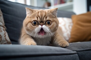 Fototapeta premium Medium shot portrait photography of a funny exotic shorthair cat sprinting isolated on comfy sofa