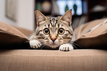 Full-length portrait photography of a curious tabby cat climbing in comfy sofa