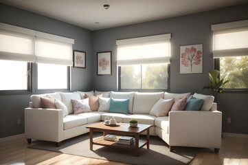 Fototapeta premium Spacious modern living room interior with white sofa, colorful pillows, and wooden furniture bathed in warm sunlight through large windows