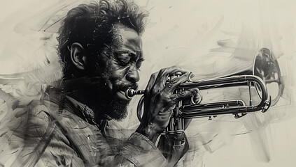 Elegant Black and White Airbrush Art of Trumpeter