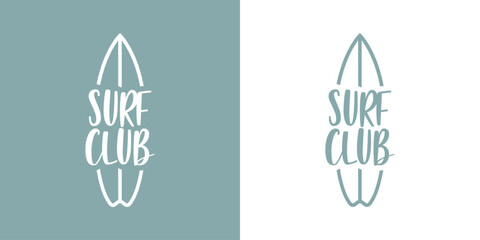 Logo club de surf. Texto Surf Club en el interior de silueta de tabla de surf con líneas © teracreonte
