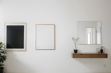 Sleek wall in a modern home featuring two blank frames and a stylish mirror, above a simple wooden shelf with decor