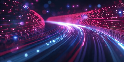 Futuristic image showing vibrant neon light trails in pink and blue hues, illustrating speed and digital connectivity on a dark setting
