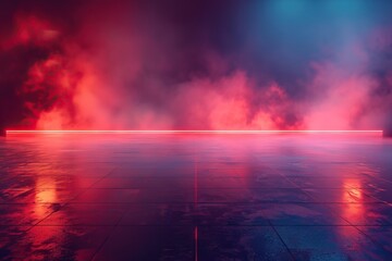 Fototapeta premium A red and blue neon lit stage with fog on the floor.