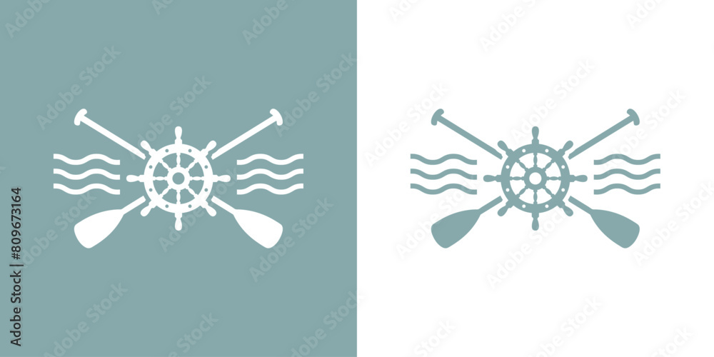 Canvas Prints logo nautical. silueta de volante de timón de barco con remos cruzados de kayak, canoa o paddle surf