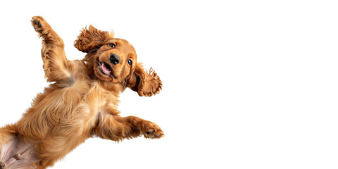 Cute happy red Cocker Spaniel puppy playing, top view on transparent background.