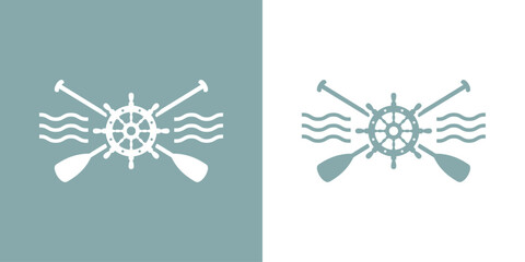 Logo nautical. Silueta de volante de timón de barco con remos cruzados de kayak, canoa o paddle surf con olas de mar © teracreonte