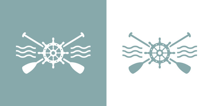 Logo nautical. Silueta de volante de tim&oacute;n de barco con remos cruzados de kayak, canoa o paddle surf con olas de mar
