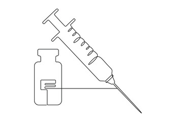 One continuous line drawing of medical syringe and vial simple illustration of vaccine and injection syringe vector illustration. Pro vector 