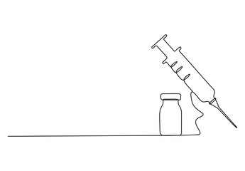 One continuous line drawing of medical syringe and vial simple illustration of vaccine and injection syringe vector illustration. Pro vector 