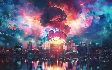 Obraz premium A surreal explosion envelops a city skyline at dusk, with hues of blue and red painting a dramatic scene. The reflection on the water adds a somber depth to the fiery spectacle above.