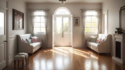 Inviting living room with abundant sunlight, showcasing elegant sofas, gleaming hardwood floors, and timeless window treatments