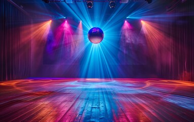 The heart of a dance floor comes alive with a shimmering disco ball under vibrant pink and blue lights. The reflective surface casts a myriad of dancing lights, evoking a lively party atmosphere.