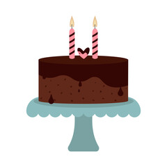 Festive chocolate cake with candles and heart. Birthday, wedding or anniversary. Vector illustration in minimalist flat style.