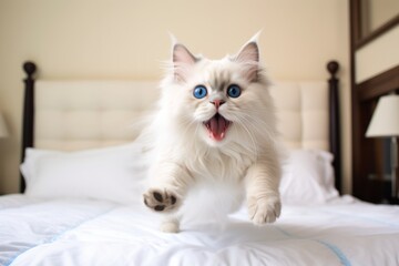Fototapeta premium Environmental portrait photography of a smiling ragdoll cat leaping over inviting bed