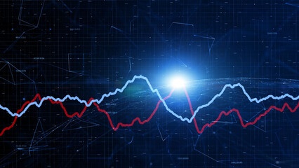 Artistic blue and red financial stock lines economy graphs with glowing spot light and numbers illustration background.