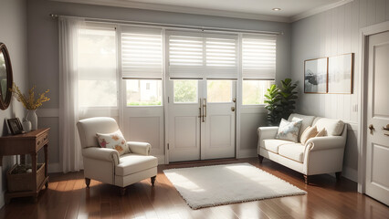 Fototapeta premium Cozy and elegantly furnished living room basked in natural light from large windows, featuring comfortable seating and stylish décor